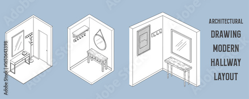 Architectural drawings of modern hallway layouts with console tables, mirrors, and coat racks in isometric vector design
