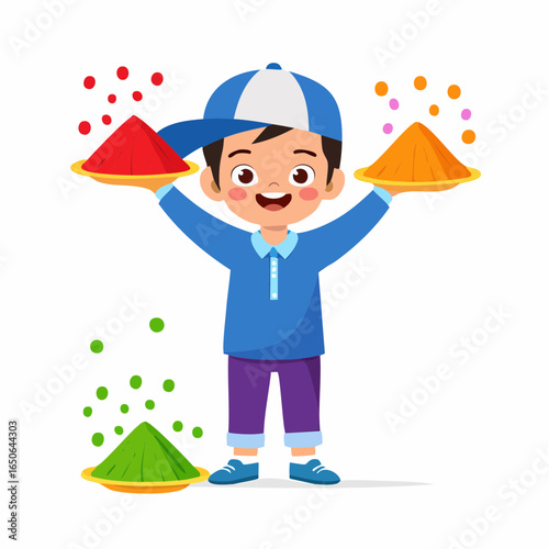 Flat vector icon of a kid playing with colored powder, symbolizing India Holi celebration.