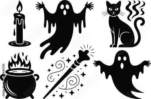 Halloween Vector Graphic Illustration of Spooky Icons, Ghosts, Cats, Candles, Cauldrons, and Magic Wands for Halloween-themed Designs and Projects