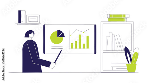 Woman presenting data on a screen with pie chart and bar graph in an office with bookshelves behind her