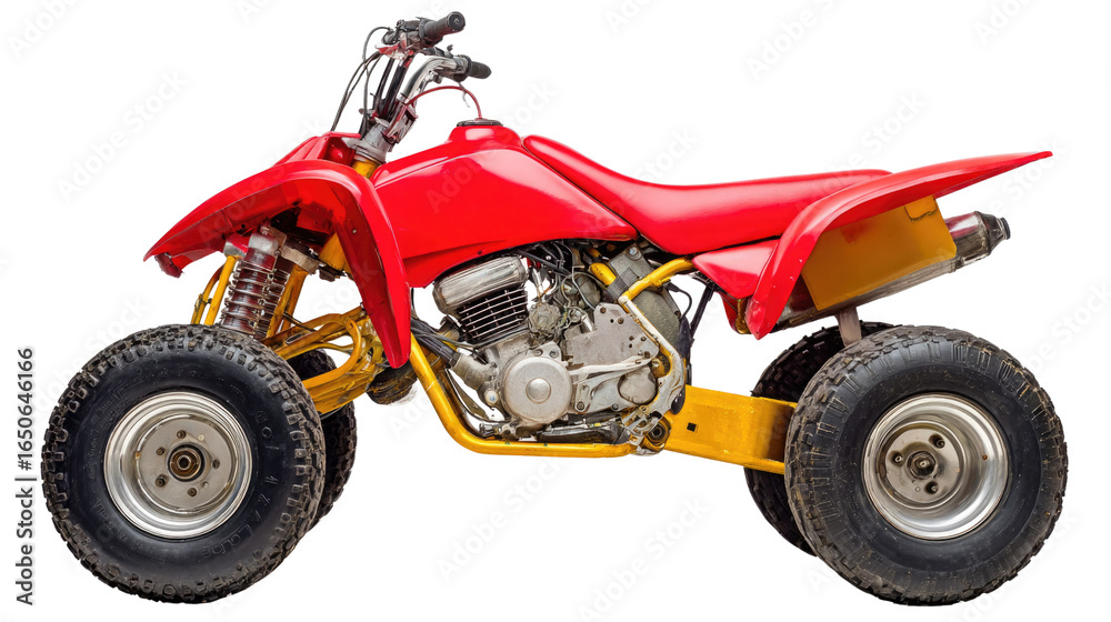 Naklejka premium Bright Red All-Terrain Vehicle with Yellow Frame, Off-Road Adventure Machine for Outdoor Fun and Recreation