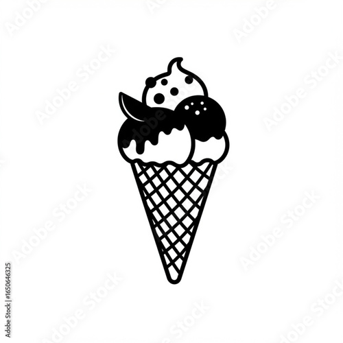 illustration of an ice cream cone with multiple scoops and toppings.