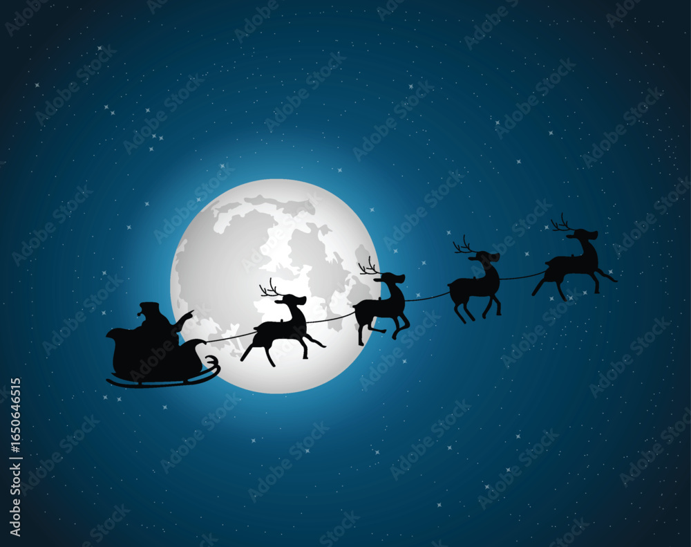 Naklejka premium Santa Claus flying with deer over the sky, vector illustration, moonlight