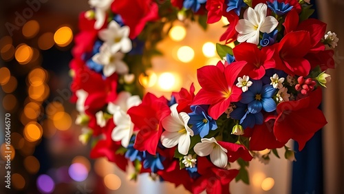 Wallpaper Mural Red, white, and blue floral wreath with seasonal blooms, festive lights softly blurred in the background. Torontodigital.ca