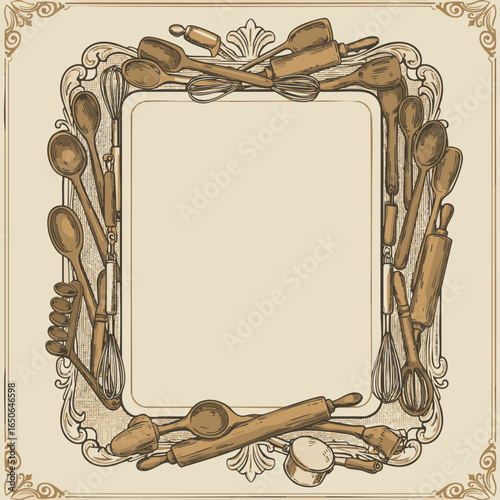 Elegant Kitchen Utensil Frame Design A Vintage-Inspired Illustration with Culinary Elements