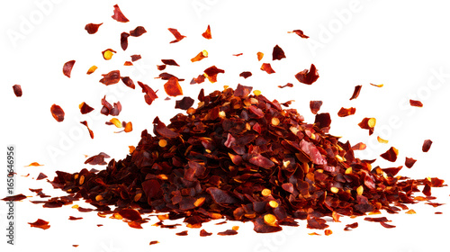 Crushed red chili flakes scattered and piled on a transparent background