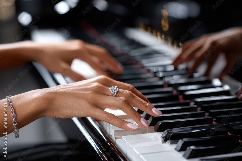 Obraz premium Elegant hands play beautiful melodies on a grand piano with a stunning diamond ring
