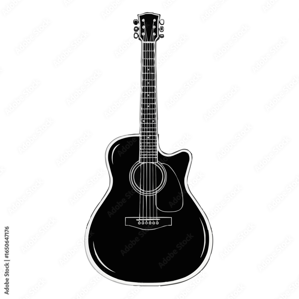 Naklejka premium Sleek black acoustic guitar with chrome details, perfect for music lovers and guitarists seeking style and sound.