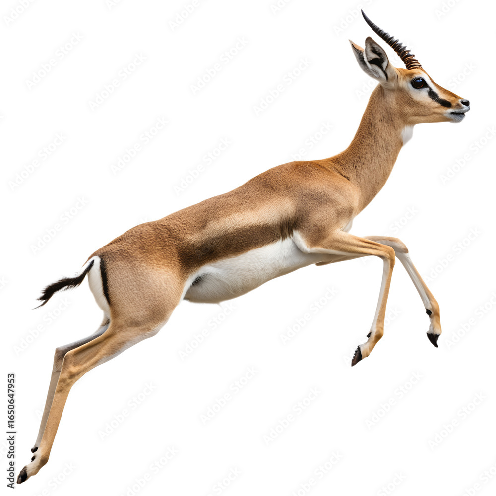 Fototapeta premium Thomsons gazelle jumping isolated on transparent background, portrait of a graceful and nimble african antelope