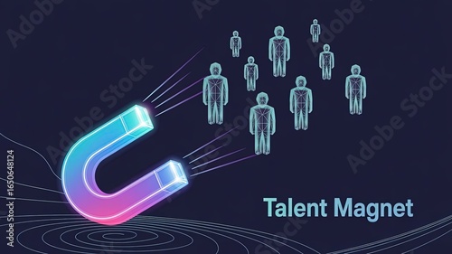 Attracting Talent: A visual metaphor of talent acquisition, featuring a glowing, stylized magnet drawing human figures towards it, set against a sleek dark background