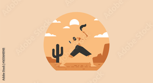 Vector illustration of a tribal warrior with a tomahawk running on a warpath through a barren desert landscape