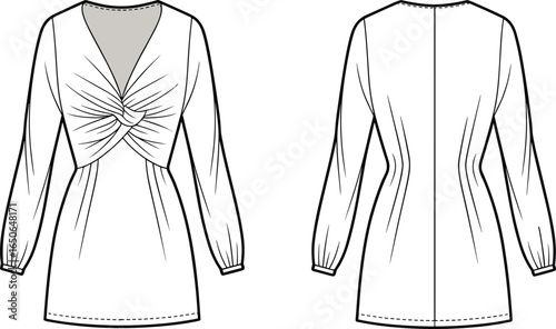 Women’s twisted knot front dress vector CAD drawing, long sleeve mini dress, fashion illustration, front and back view, clothing design