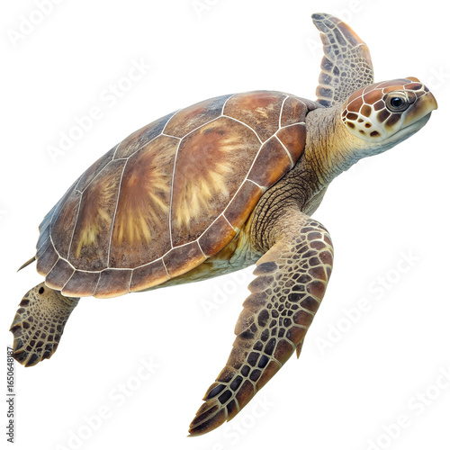 Sea turtle swimming isolated on transparent background, close up portrait of a tropical marine reptile