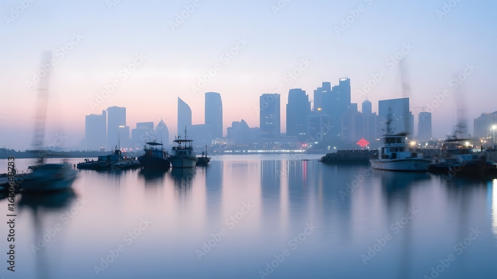 Cityscape at Dusk with Boats in the Foreground Cityscape at Dusk with Boats in the Foreground