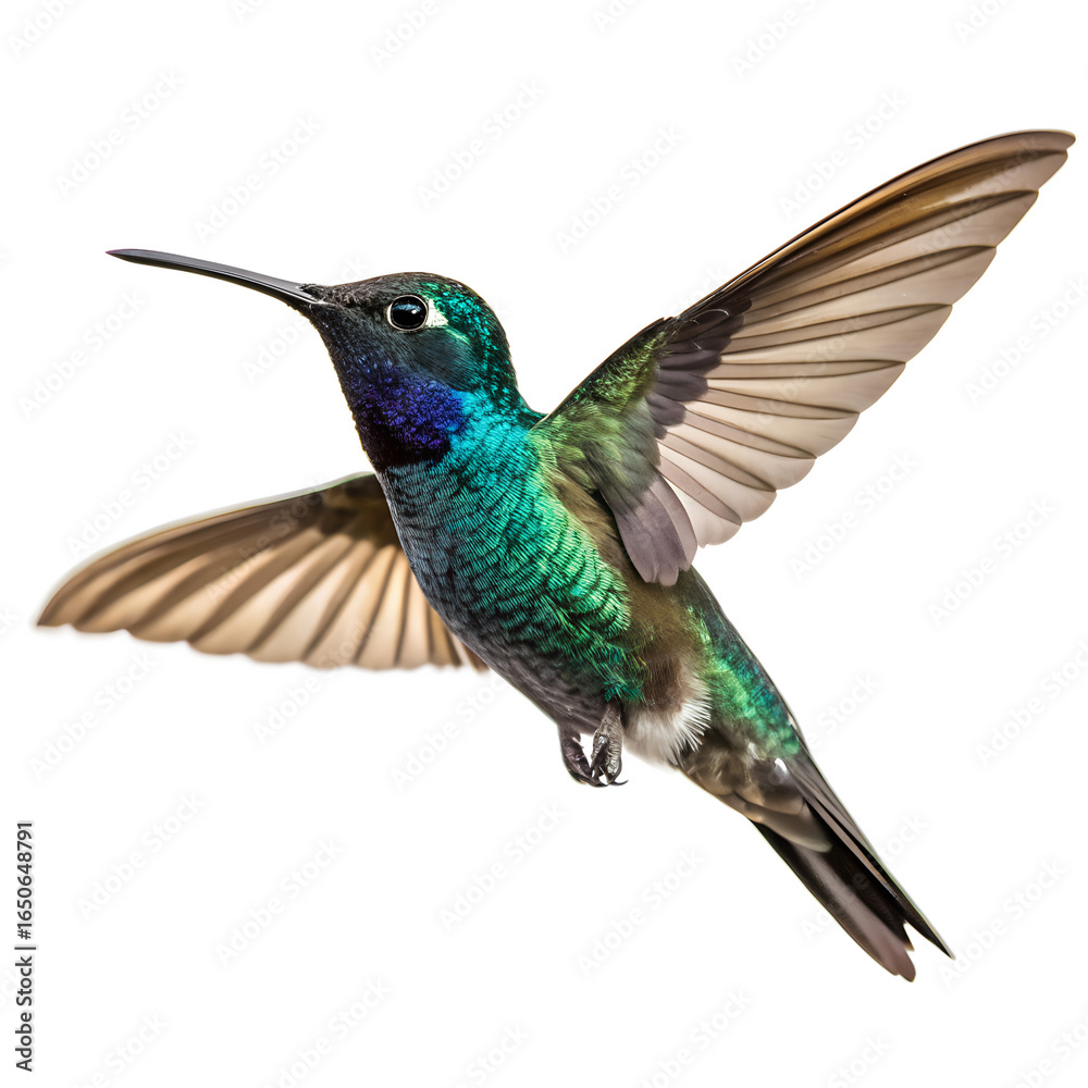 Obraz premium Vibrant hummingbird in midflight isolated on transparent background, showcasing its iridescent feathers and delicate wings in motion