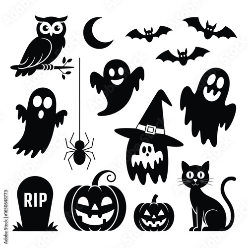 Collection of black halloween icons including ghosts bats owl cat pumpkin spider and tombstone
