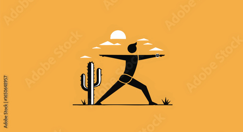 Minimalist vector illustration of a person practicing a warrior yoga pose in a tranquil desert landscape under the sun