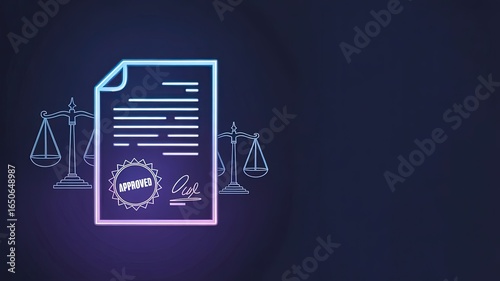 Legal Approval: A striking conceptual piece featuring a document stamped with approval, illuminated by vibrant neon, flanked by scales of justice. A symbol of endorsement, compliance, or agreement.