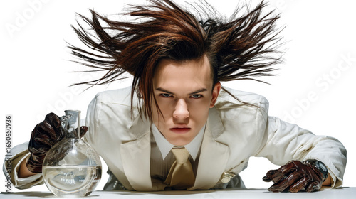 Young Male Scientist in Lab Coat with Wild Hair, Conducting Experiments with Glassware and Innovation