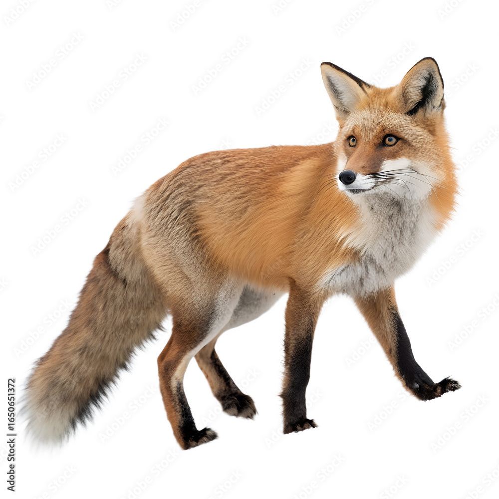Fototapeta premium A red fox standing alert on transparent background, isolated on transparent background