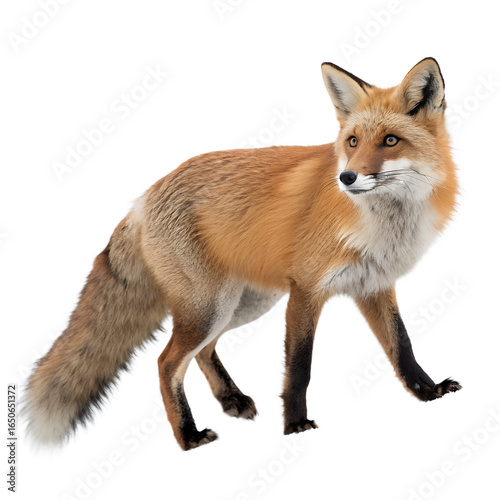 A red fox standing alert on transparent background, isolated on transparent background
