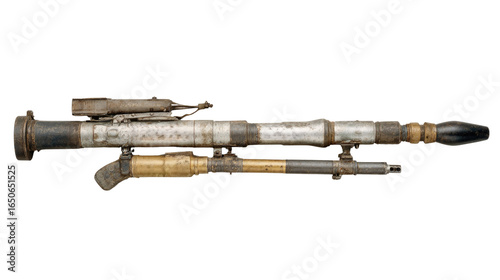 Vintage Rocket Launcher Displayed on a White Background for Military and Historical Reference Purposes