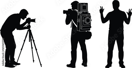 Art & IllustrationSilhouette photographers with camera and tripod, man posing with peace signs