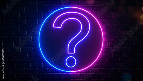 Glowing neon question mark in a circle on a brick wall