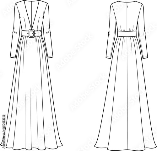Front and back view of women's long sleeve belted maxi dress with pleats, deep V-neckline, flowing skirt, vector CAD illustration