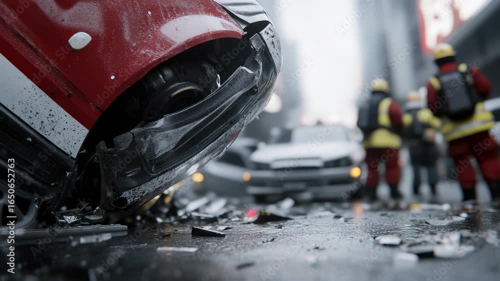 The aftermath of a severe vehicular crash. Emergency responders are on ...