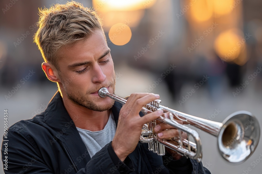 Obraz premium Young man plays trumpet in sunset light in a busy city square