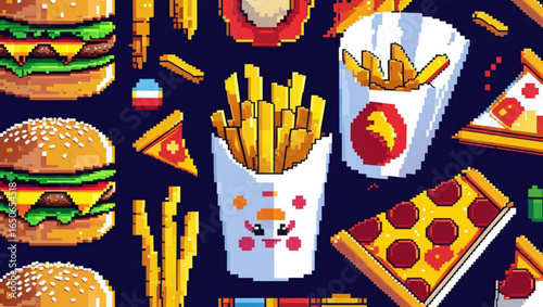 Pixel Art Pattern of Burgers, Fries, and Pizza