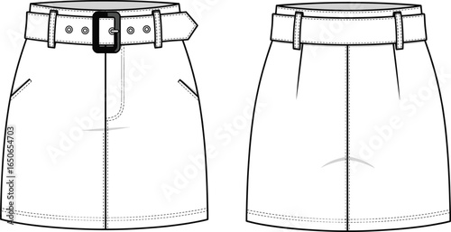 Front and back view of stylish mini skirt with belt loops, side pockets, stitched details, vector CAD fashion illustration