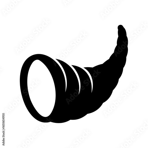 Black and white graphic of a traditional cornucopia or horn of plenty
