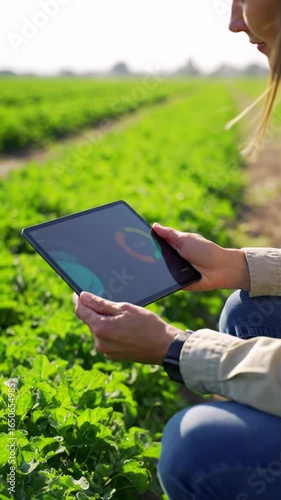 A gender-neutral farmer in contemporary casual wear kneels in vibrant green crops, their hand touching a dew-kissed leaf. This cinematic vertical video dolly push-in shows a high-tech digital tablet
