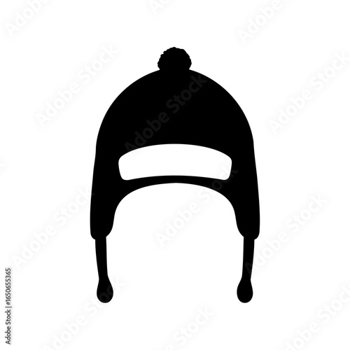 Silhouette of a black winter hat with earflaps and pompom on top