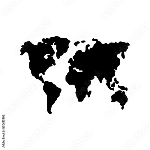 Simplified black and white world map illustration showing land masses only