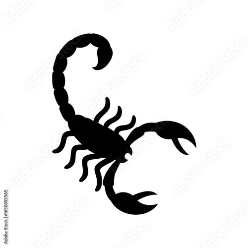 Silhouette of a formidable scorpion with poised stinger against white background