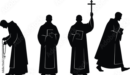 Silhouettes of Christian Priests Holding Bible and Cross, Religious Clergy Figures