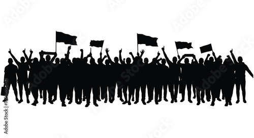 A group of people protesting with flags and raised fists in silhouette