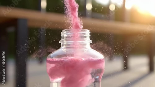 Macro slow-motion pour of bright electrolyte powder into a sports bottle at an outdoor bench, swirling cloud and sun flare, energetic hydration vibe