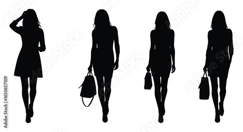Silhouettes of women walking in different poses and carrying handbags