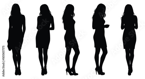 Silhouettes of women in various poses wearing dresses and high heels