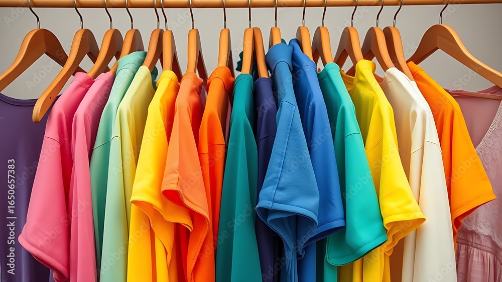 Fototapeta premium Vibrant rainbow-colored garments displayed neatly on wooden hangers in a minimalist style.