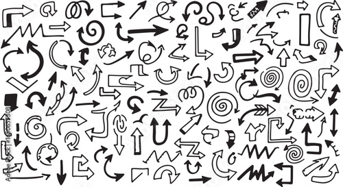 Collection of Hand Drawn Doodle Arrows and Swirls in Black Ink sketch drawing