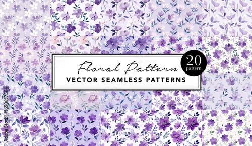 ボタニカルな小花柄のシームレスなベクター背景スウォッチセット パープル/ホワイト