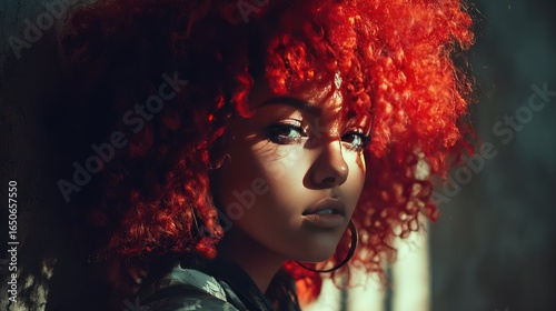 A portrait of a woman with vibrant red hair gazing directly at the camera