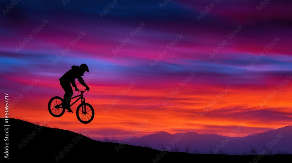 Fototapeta premium Silhouette of BMX cyclist jumping against sunrise