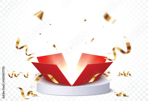 Open box with podium and confetti