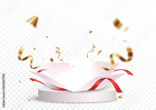 Open box with podium and confetti